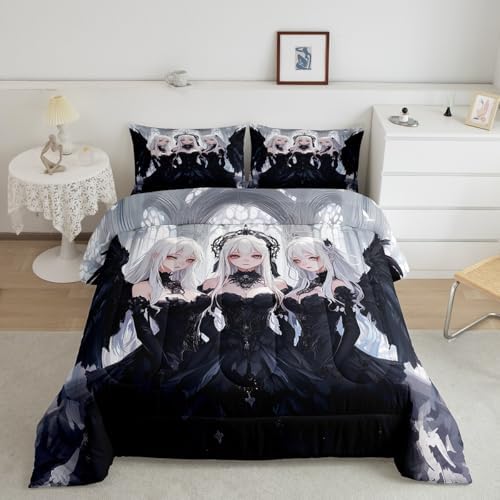Erosebridal Japanese Anime Twin Size Comforter Set, Anime Girl Bedding Set Kawaii Japanese Style Quilt Cartoon Japan Animation Duvet Insert for Boys Teens Adult Women Bedroom Decor, Black