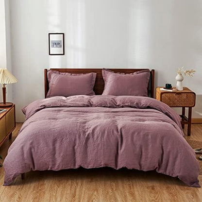 Simple&Opulence 100% Linen Duvet Cover Set 3pcs Basic Style Natural French Washed Flax Solid Color Soft Breathable Farmhouse Bedding with Button Closure - Purple, King