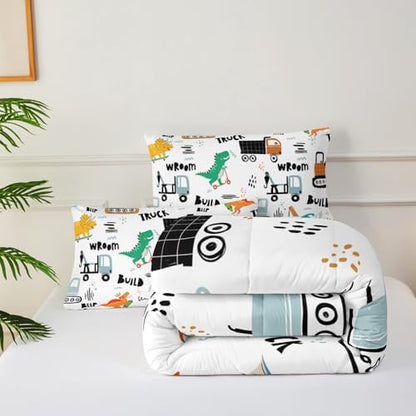 Boys Excavator Comforter Set Twin,Cartoon Bedding Set,Construction Comforter Set for Teen,Dinosaur Truck Quilt Set, Equipment Trucks Print White Bedding Set