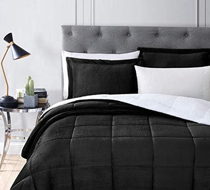 Chezmoi Collection 3-Piece Micromink Sherpa Reversible Down Alternative Comforter Set (Queen, Black)