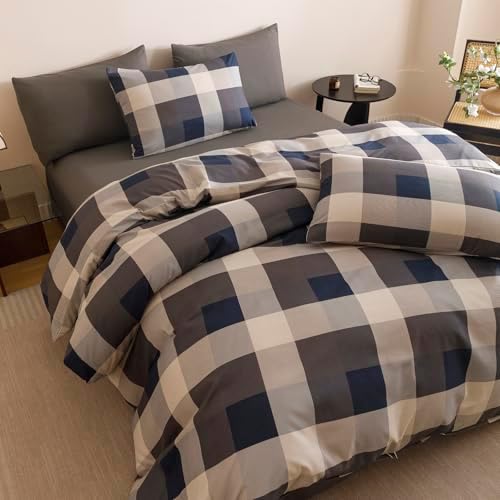 Wellboo Blue Plaid Comforter Cal King Navy Blue and Grey Checkered Bedding