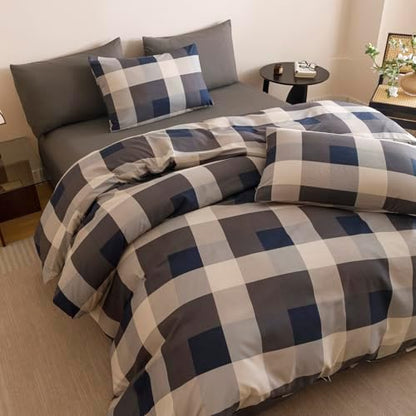 Wellboo Blue Plaid Comforter Cal King Navy Blue and Grey Checkered Bedding