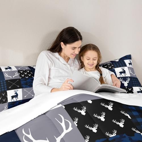 Manfei Camo Deer Antlers Comforter Set Queen, Geometric Plaid Patchwork Bedding 3pcs for Room Decor, Boho Arrow Xmas Quilt Set, Blue Grey Duvet Insert with 2 Pillowcases (WWS10843GYY-BZ_USq)