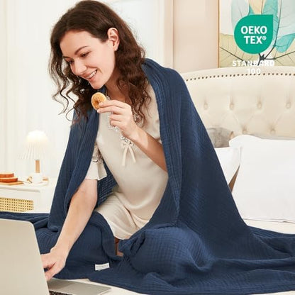 EMME Muslin Blankets for Adults Throw Blanket for Couch Breathable Gauze Soft Lightweight Airy Navy Twin 60" x 80"