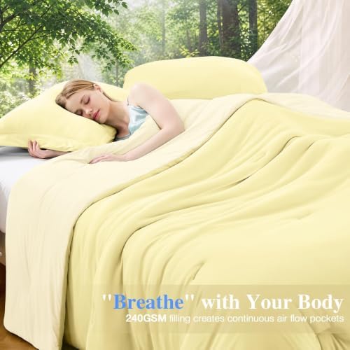 MUXHOMO Cooling Queen Comforter Set, Lightweight Summer Comforter for Hot Sleeper, Reversible Bedding with ICY Cooling Surface, Includes 1 Comforter (90"x90") and 2 Shams (20"x 26"), Cream Yellow
