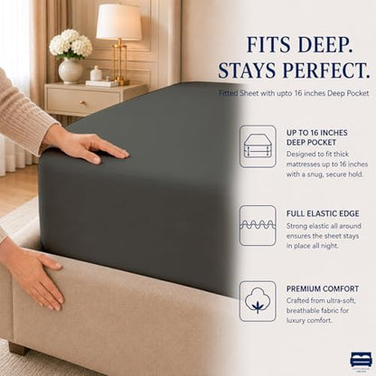 4 Piece Three Quarter Sheets Fits 16" Deep, Egyptian Cotton, Dark Grey