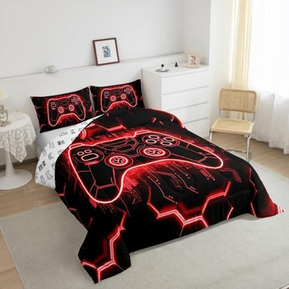 Feelyou Kids Red Gamer Comforter Toddler Size, Honeycomb Gaming Comforter Set Boys Girls Modern Game Console Bedding Set Gamepad Teens Duvet Set Bedroom Decor 2Pcs