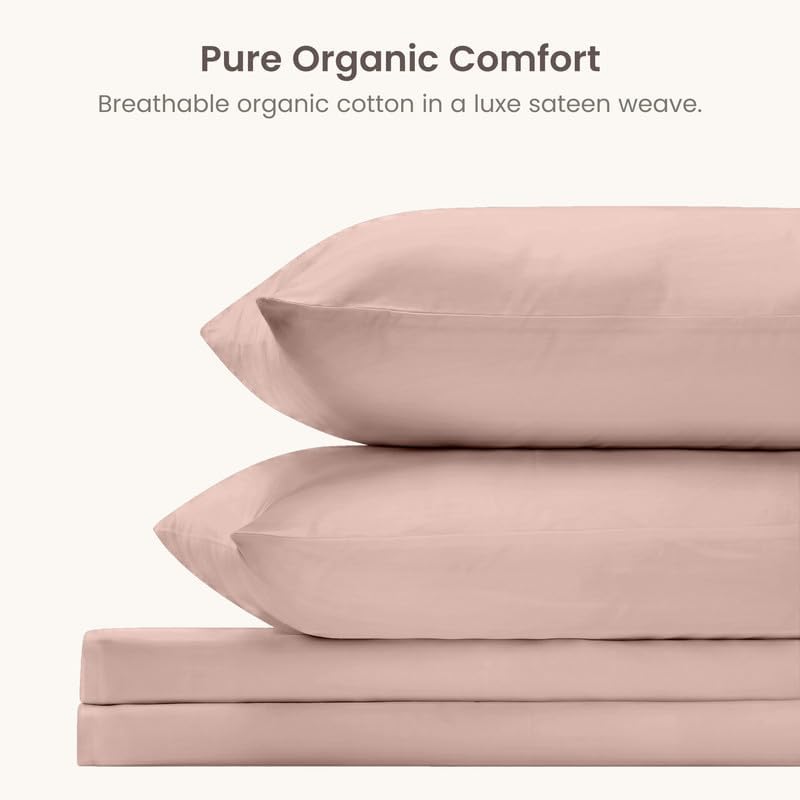 BIOWEAVES 100% Organic Cotton Sheets, 300 Thread Count 4-Piece GOTS Certified Bed Sheet Set Fits Mattress Upto 17" Deep Pocket, Soft & Silky Sateen Weave (Full, Dusty Rose)