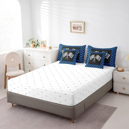 Teens Adult Racing Comforter Set King Size 7 Pcs Blue Black White Bedding Set with Comforter,Sheet Set,Pillowcase and Sham Racing Car Flag Game Theme Bed Set Checkered Flag Bedding for Room Decorative
