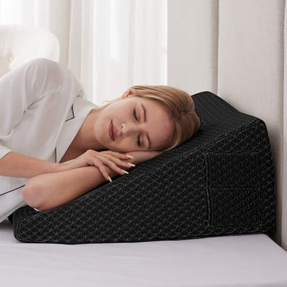 Ruqmuis Wedge Pillow for Acid Reflux, Bed Wedge Pillow for Headboard 10", Pillow Wedge for Back Pain Relief, Post Surgery, Elevated Pillows for Sleeping, Snoring, Triangle Pillow with Cover, Black
