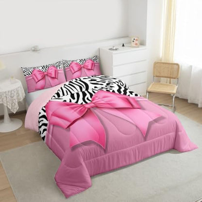 jejeloiu Pink Bow Comforter Set Queen Size Zebra Stripes Bedding Set for Kids Boys Girls Girls Bow Duvet Quilt Bedroom Decor Microfiber 3 Pcs with 2 Pillow Cases