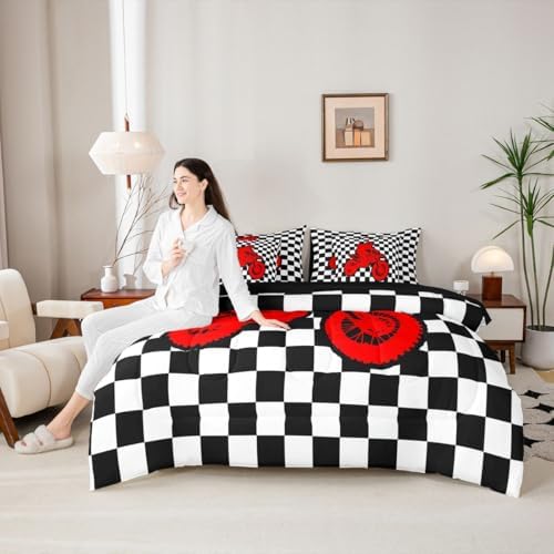 Feelyou Red Motocross Rider Comforter Set with Sheets 7 Piece Queen Size Checkered Flag Bedding Set for Kids Boys Girls Sporty Rider Bed in a Bag Off-Road Racing Room Decor Dirt Bike Soft Lightweight