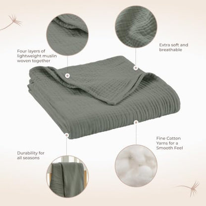 100% Cotton Organic Muslin Baby Swaddle Blanket GOTS & Fairtrade Certified Organic Cotton - Couch Living Room and Bedroom Decor - 4 Layer Super Soft and Cozy (Shadow, Baby)