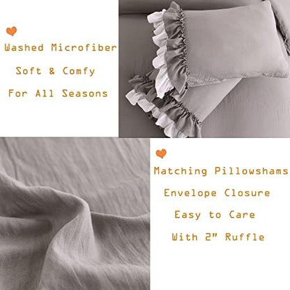 Masaca Shabby Ruffled Comforter King Size,Vintage Farmhouse Ruffle King Size Comforter Set French Country Rustic Aesthetic Bedding Extra Soft 3 Pieces
