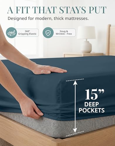 450TC 100% Cotton Full Sheets - Silky Smooth Sateen Weave, Estate Blue