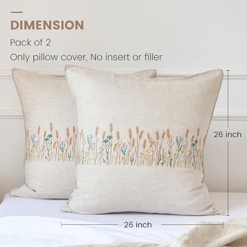 Simple&Opulence 100% Linen Euro Shams 26'' x 26'' Pack of 2, Embroidery Wheat Design Natural Flax Farmhouse Decorative Square Throw Pillow Covers for Bed Couch Sofa - Linen