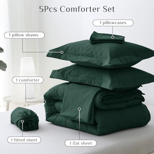 JOLLYVOGUE Twin Comforter Set, Ultra-Soft Bed in a Bag Twin Size 5 Pieces, Oeko-TEX Certified Bedding Set with Down Alternative Comforter, Sheets, Pillowcases & Shams, Emerald Green