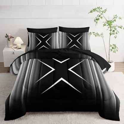 Nttopship Black and White Geometric Comforter Set Queen Size 7Pieces,3D Abstract Mordern Printed Bedding Set for Adults,Geometric Mordern Decor All Seasons with Pillowcases,Flat, Fitted Sheet