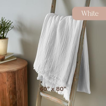 100% Cotton Organic Muslin Throw Blanket for Adults GOTS & Fairtrade Certified Organic Cotton - Couch Living Room and Bedroom Decor - 4 Layer Super Soft and Cozy (White, Twin)