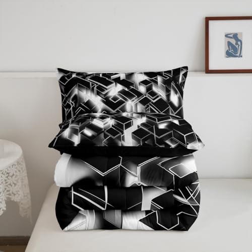 Feelyou Neon Grey Black Comforter Set for Kids Boys Girls Honeycomb Comforter Twin Size Hexagonal Bedding Set Bedroom Decor Modern Duvet Set Quilt Set 2Pcs