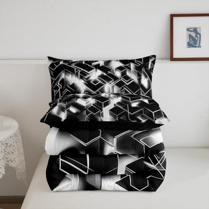 Feelyou Neon Grey Black Comforter Set for Kids Boys Girls Honeycomb Comforter Full Size Hexagonal Bedding Set Bedroom Decor Modern Duvet Set Quilt Set 3Pcs