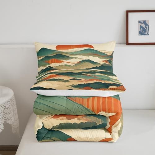 Japanese Style Comforter Set King Size,Abstract Mountain Bedding Set for Kids Boys Girls Room Decor,Sun Foggy Mountain Woodland Duvet Insert 3Pcs,Modern Comic Microfiber Quilt Set,2 Pillowcases