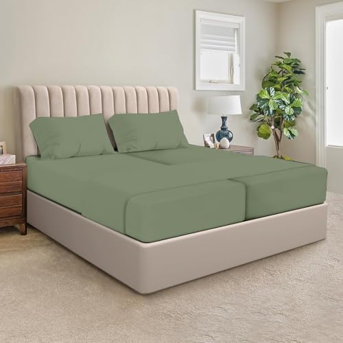 SGI Split King Sheet Set for Adjustable Bed Egyptian Premium Cotton Sheets for Sleep Number Bed 15" Deep Pocket 5 Pc Set with 2 Twin XL Fitted Sheets Soft Breathable - Moss