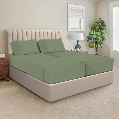 SGI Split King Sheet Set for Adjustable Bed Egyptian Premium Cotton Sheets for Sleep Number Bed 15" Deep Pocket 5 Pc Set with 2 Twin XL Fitted Sheets Soft Breathable - Moss