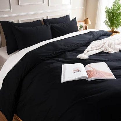 NEXHOME PRO Queen Duvet Cover Set – 100% Certified Organic Cotton with Washed Feel & Linen-Like Texture, Comfortable & Breathable, Home Bedding Set Black (No Comforter)