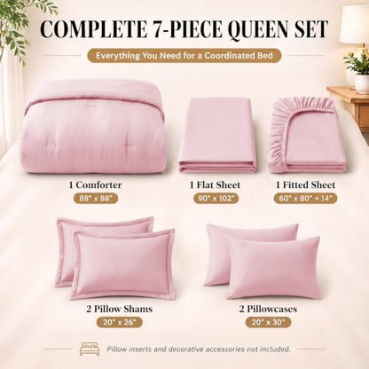 CozyLux Queen Comforter Set Pink, 7 Pieces Bed in a Bag