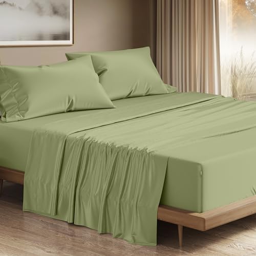 THREAD SPREAD 100% Egyptian Cotton Sheets California King Size - 1200 Series Plush Collection Cal King Size Sheets Set, 4 PC Luxury Bedsheet (Sage Green), Soft, Cooling, 17" Deep Pocket Bedsheet Set
