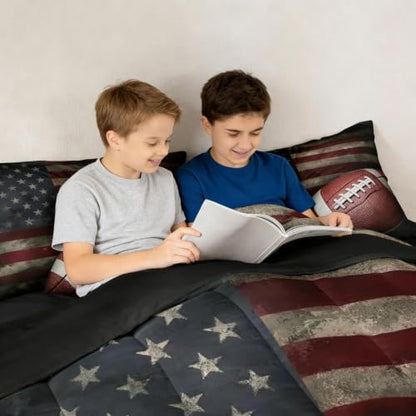 Erosebridal American Flag Bedding Set, Boys Football Comforter Set King Soccer Sports Games Down Comforter United States Federations Stars Stripes Duvet Sets for Kids Teens Adult Bedroom Decor