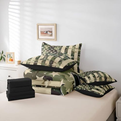 Erosebridal 7 Pcs Camo American Flag Comforter Set Queen Camouflage Military Aircraft Bedding Set for Boys Kids Teens Men Army Green Airplane Bed in A Bag with Sheets Vintage Patriotic Plane Bed Sets