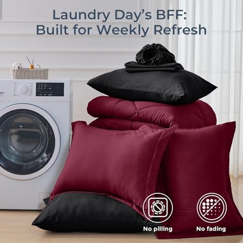 HEVUMYI 7-Piece Oversized King Comforter Set, Red & Black Bed in a Bag