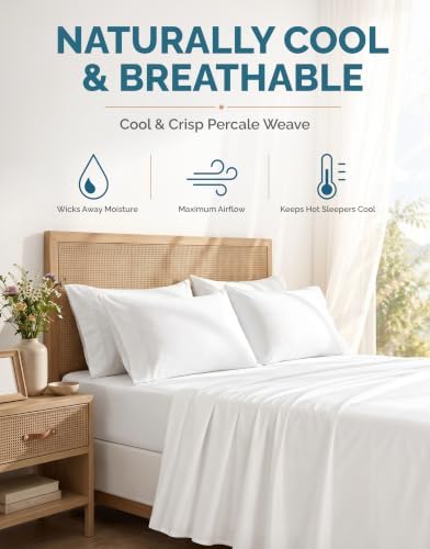 Casa Platino King Size Sheets Set –100% Cotton King Sheets with 4 Pillowcases, Lightweight Feel & Secure Fit, Crisp & Breathable Percale Weave with 15" Deep Pocket, Soft and Cozy – Pure White