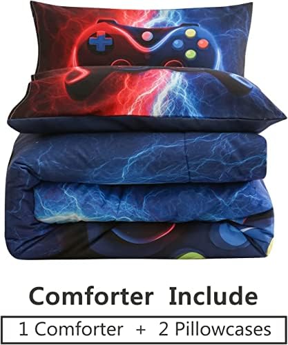 Meeting Story Gamer Gaming Bedding Sets Red-Blue Lightnings Gamepad Comforter Set for Boys Games Console Action Buttons Novelty Colorful Modern Room Decor Home Quilt Set (Red-Blue, Full)