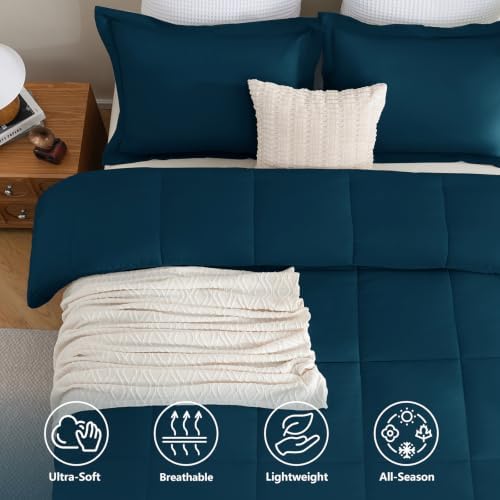CozyLux Oversized Queen Comforter Set, 3-Piece Box-Stitched, Lyons Blue