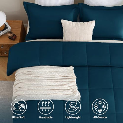 CozyLux Oversized Queen Comforter Set, 3-Piece Box-Stitched, Lyons Blue