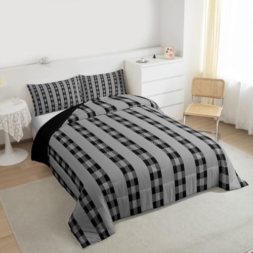 jejeloiu Black Plaid Bedding Set Soft for Boys Girls, Stripes Comforter Set King Size Check Checkered Duvet Quilt Microfiber Grid Geometric Bedroom Decor 3 Pcs with 2 Pillow Cases