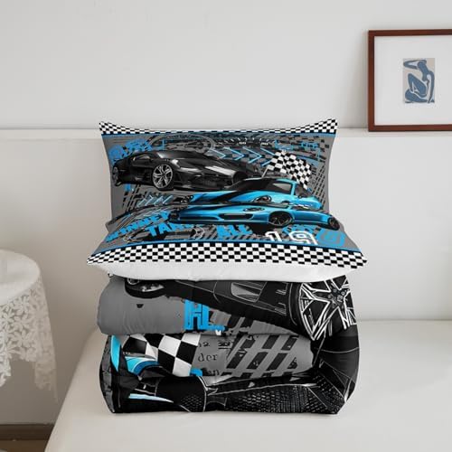Castle Fairy Boys Race Car Twin Size Comforter Set,Kids Blue Sports Car Decor All Season Bedding Set,Teens Extreme Sports Comforter,Children Decor Quilt Set Bedroom Collection 2Pcs