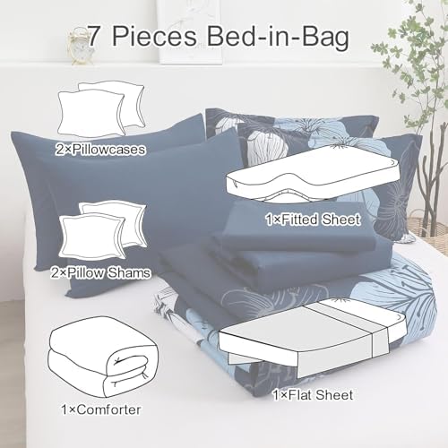 Luxudecor Navy Blue Comforter Set Full Size, 7 Pieces Bed in a Bag Navy Blue Floral Comforter and Sheet Set, Soft Microfiber Complete Bedding Sets for All Seasons