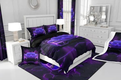 Feelyou Kids Purple Black Race Car Comforter Set,Boys Racing Car Bedding Set Full Size,Boys Bedroom Room Decor,Cool Speed Luxury Car Comforter,Geometric Hexagon Racing Car Bed Set for All Season