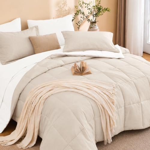 Twin Comforter Set with Sheets - 5 Pieces Bed in a Bag Beige Bedding Sets
