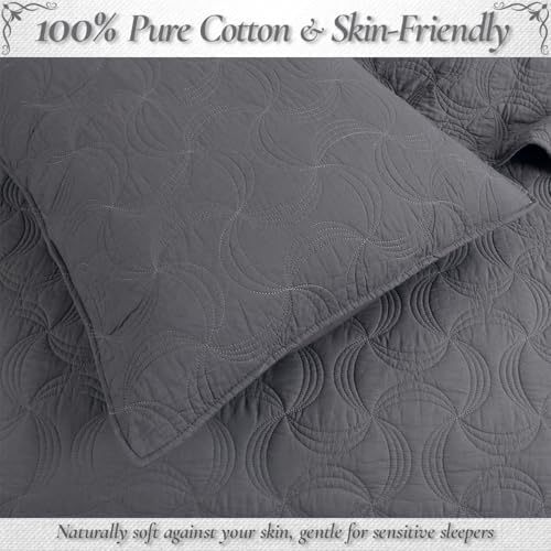 Cozy Line Home Fashions Charcoal Gray Cotton Quilt Set – 3-Piece Solid Textured Quilted Bedspread with Shams, Lightweight All Season Modern Bedding (Geometric - Gray, King - 3 piece)