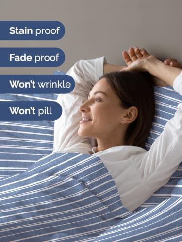 Duvet Cover Queen Size - 3 Piece with Zipper Closure - Blue Stripes