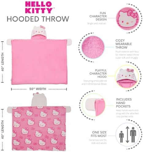 Franco Sanrio Hello Kitty Pink Bow Plush Hooded Blanket, Kids Bedding Super Soft Throw Blanket, 50 in x 40 in, (Officially Licensed Product)
