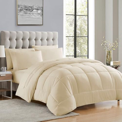 Sweet Home Collection 5 Piece Comforter Set Bag Solid Color All Season Soft Down Alternative Blanket & Luxurious Microfiber Bed Sheets, Beige, Twin