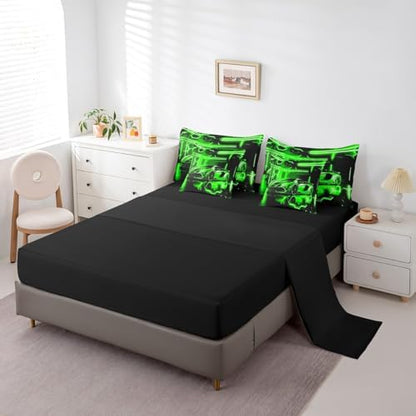 Feelyou Speed Sports Car Comforter Set with Sheets Twin Size Kids Race Car Honeycomb 7 Pieces Bedding Set for Boys Girls Teens Racing Car Bed in a Bag Extreme Sports Bed Set Green Black