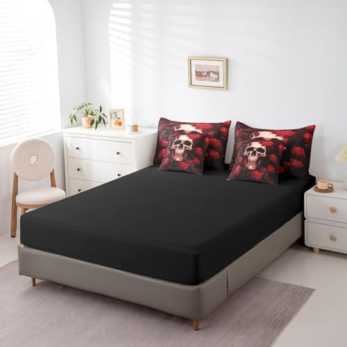 Erosebridal 7Pcs Rose Skull Comforter Set Twin Size,Vintage Rose Skull Anchor Bedding Set,Halloween Goth Bed in A Bag,Black Red Death Romance Sheet Set with Comforter