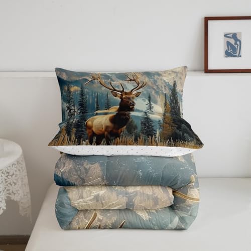 Feelyou Deer Comforter Set Twin Size, Deer Antler Bedding Sets, Rural Hunting Theme Down Comforter, Rustic Woodland Duvet Insert, Wild Animals Quilt for Bedroom Decor All Season,Soft Lightweight